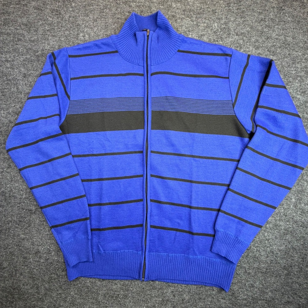 True Rock Full Zip Sweater Mens XXL Blue Black Striped Mock Neck Knit Jacket